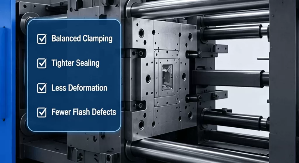 How does synchronized motion improve the clamping performance of large injection molding machines