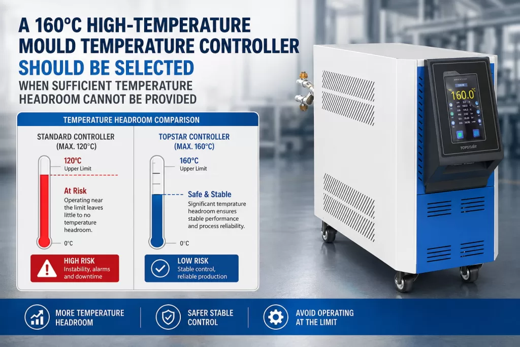 A 160°C high-temperature mould temperature controller should be selected when sufficient temperature headroom cannot be provided