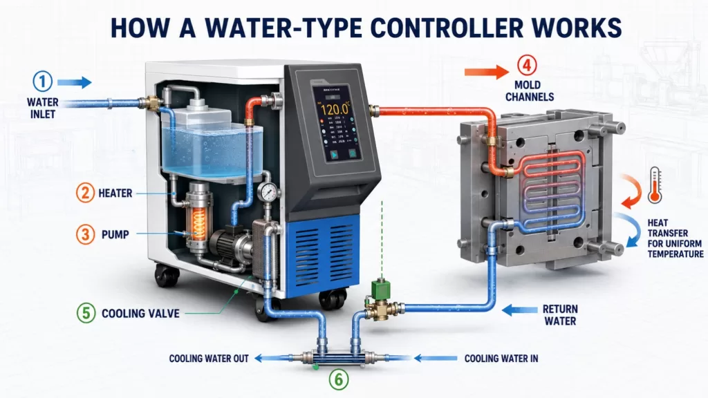 How does a water-type mold temperature controller work in injection molding