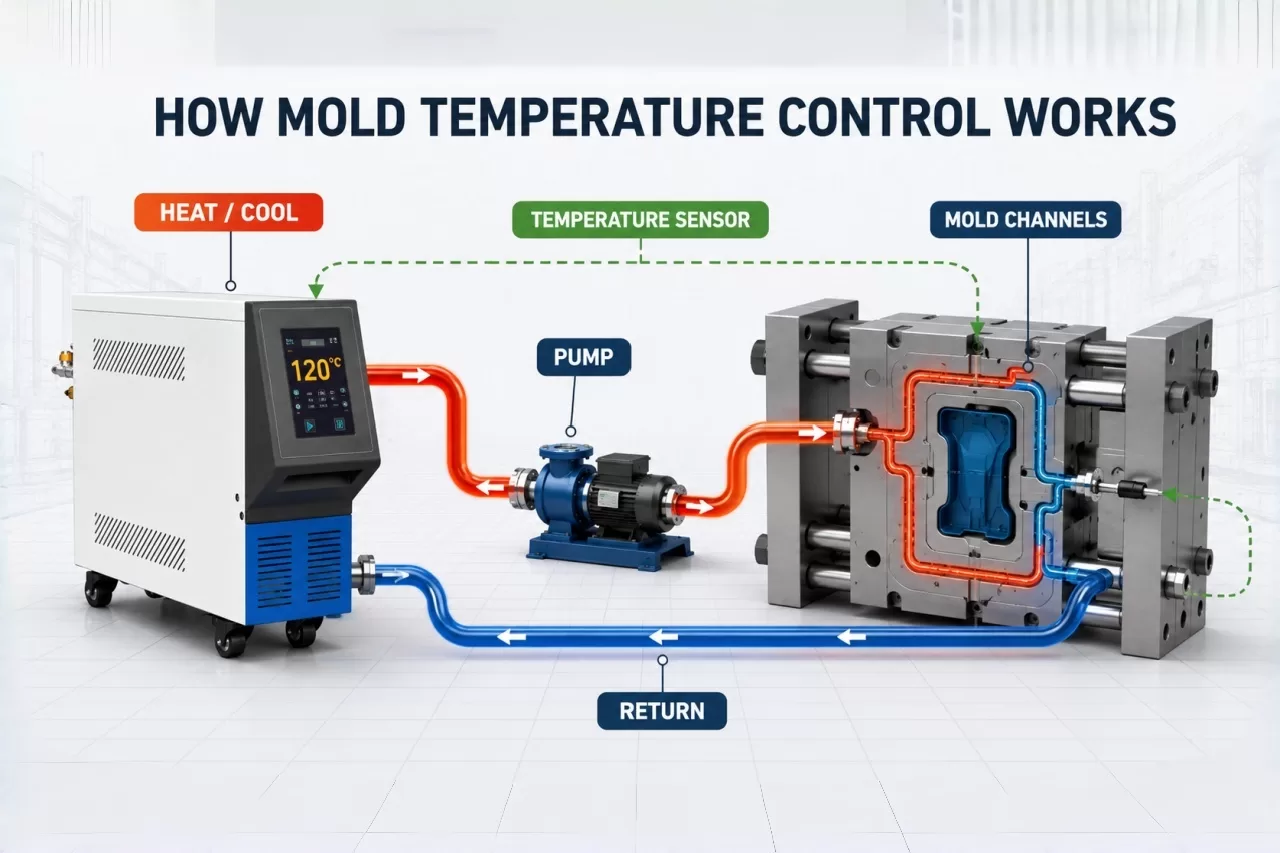How does the mold temperature control system work in injection molding