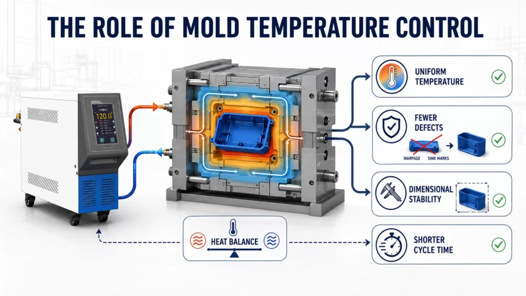 What exactly is the role of a mold temperature control system in injection molding