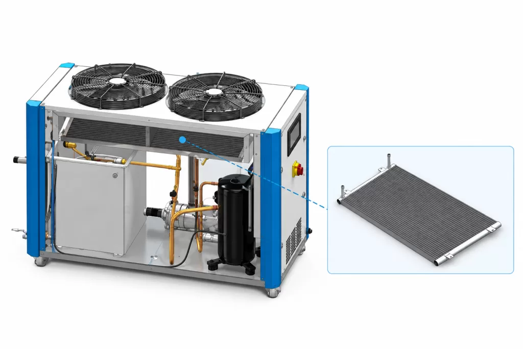 Why do smaller flow channels and fin designs improve the heat transfer efficiency of an air-cooled chiller System