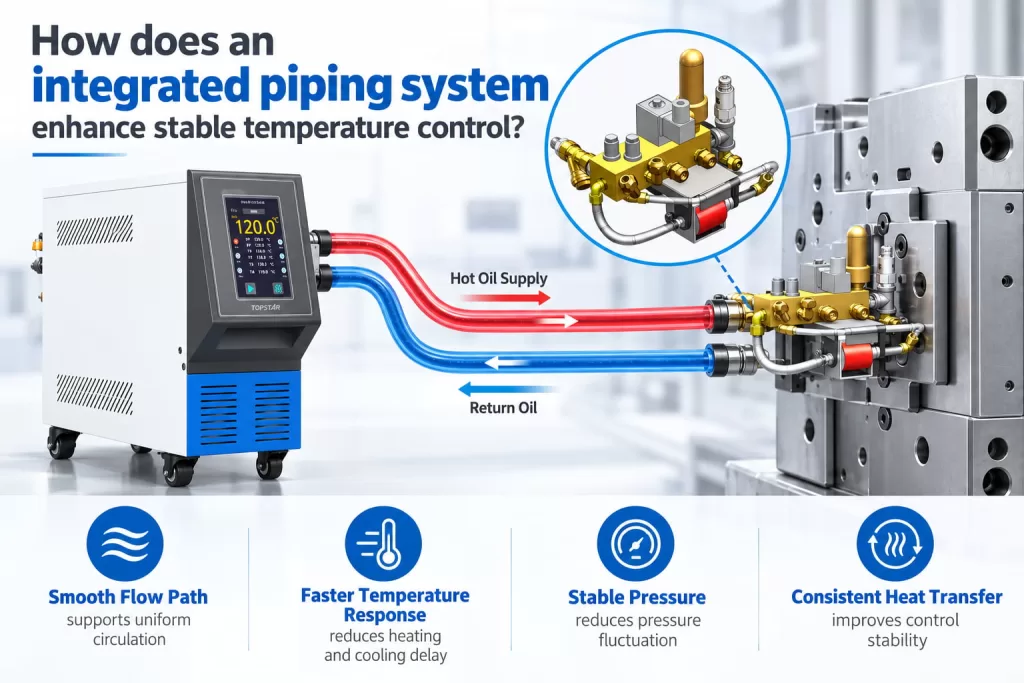 How does an integrated piping system enhance stable temperature control