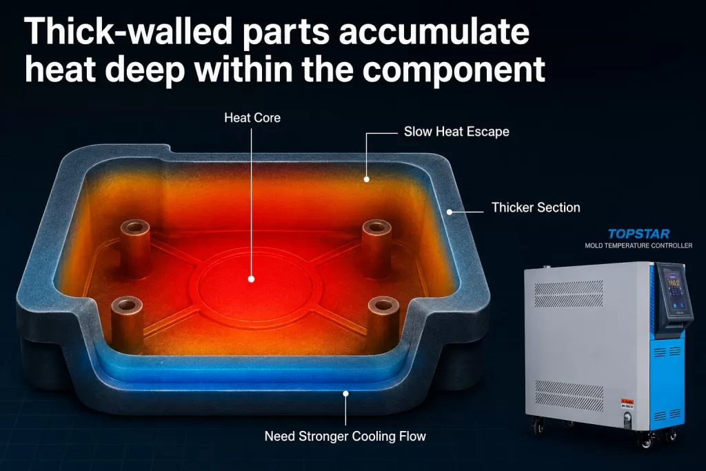 Thick-walled parts accumulate heat deep within the component