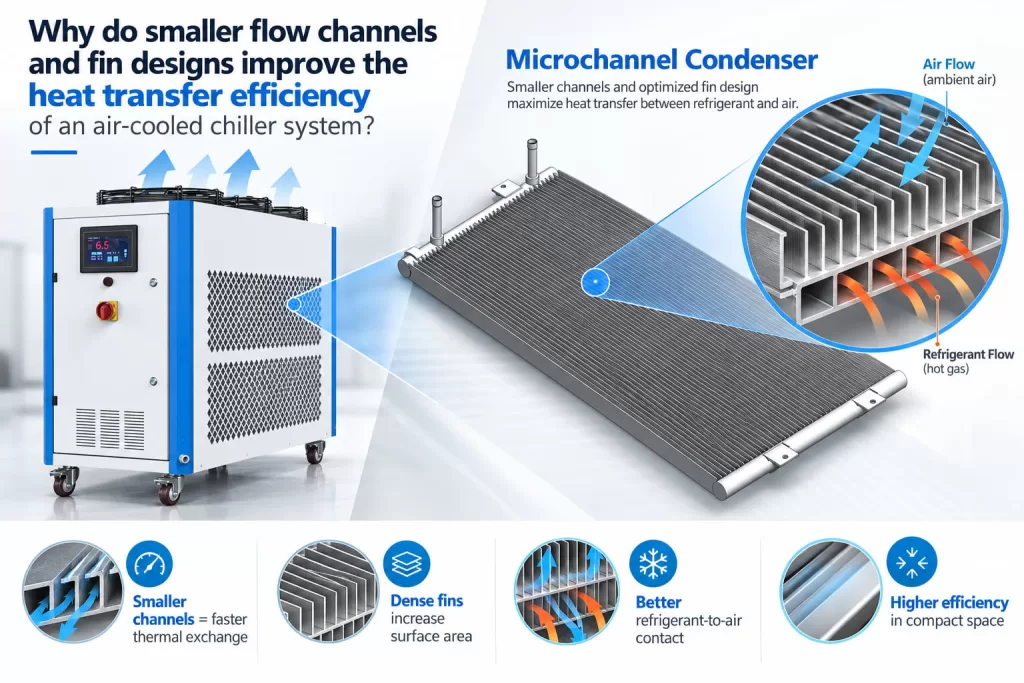 Why do smaller flow channels and fin designs improve the heat transfer efficiency of an air-cooled chiller System