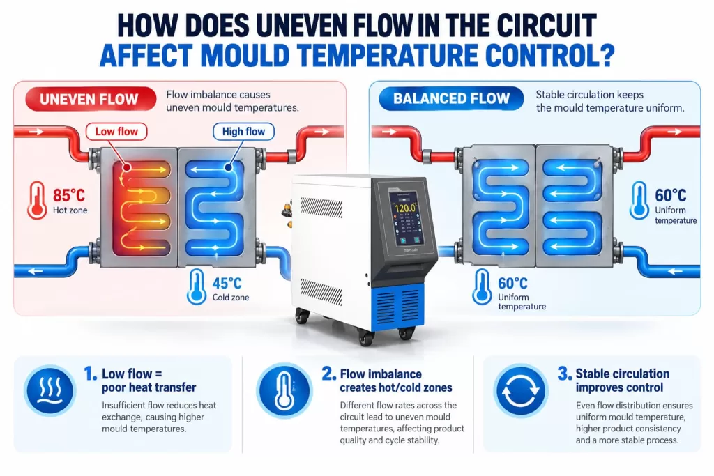 How does uneven flow in the circuit affect mould temperature control