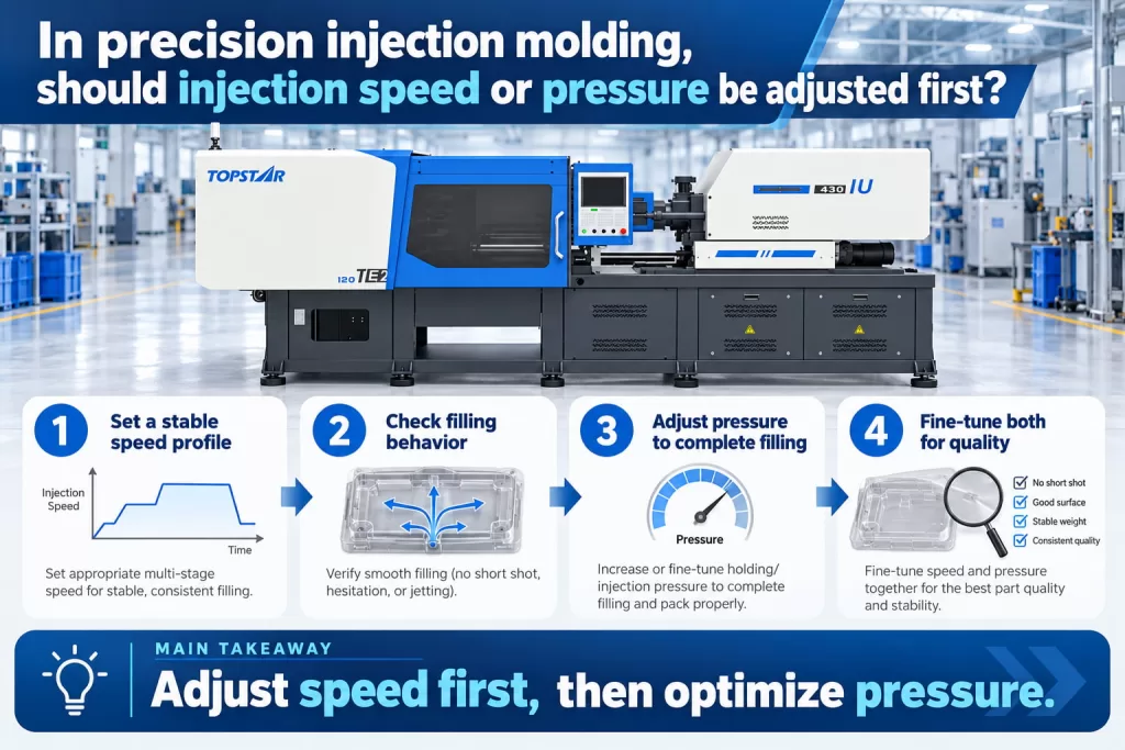 In precision injection molding, should injection speed or pressure be adjusted first